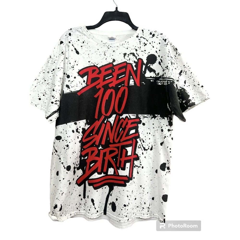 Vtg Y2K Been 100 Since Birth T-Shirt XL All Over Print Paint Splatter Delta‎ Pro